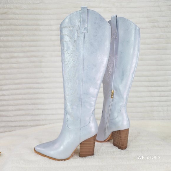 Cruising Brushed Metallic Western Cowgirl Knee Boots Silver - Picture 6 of 15
